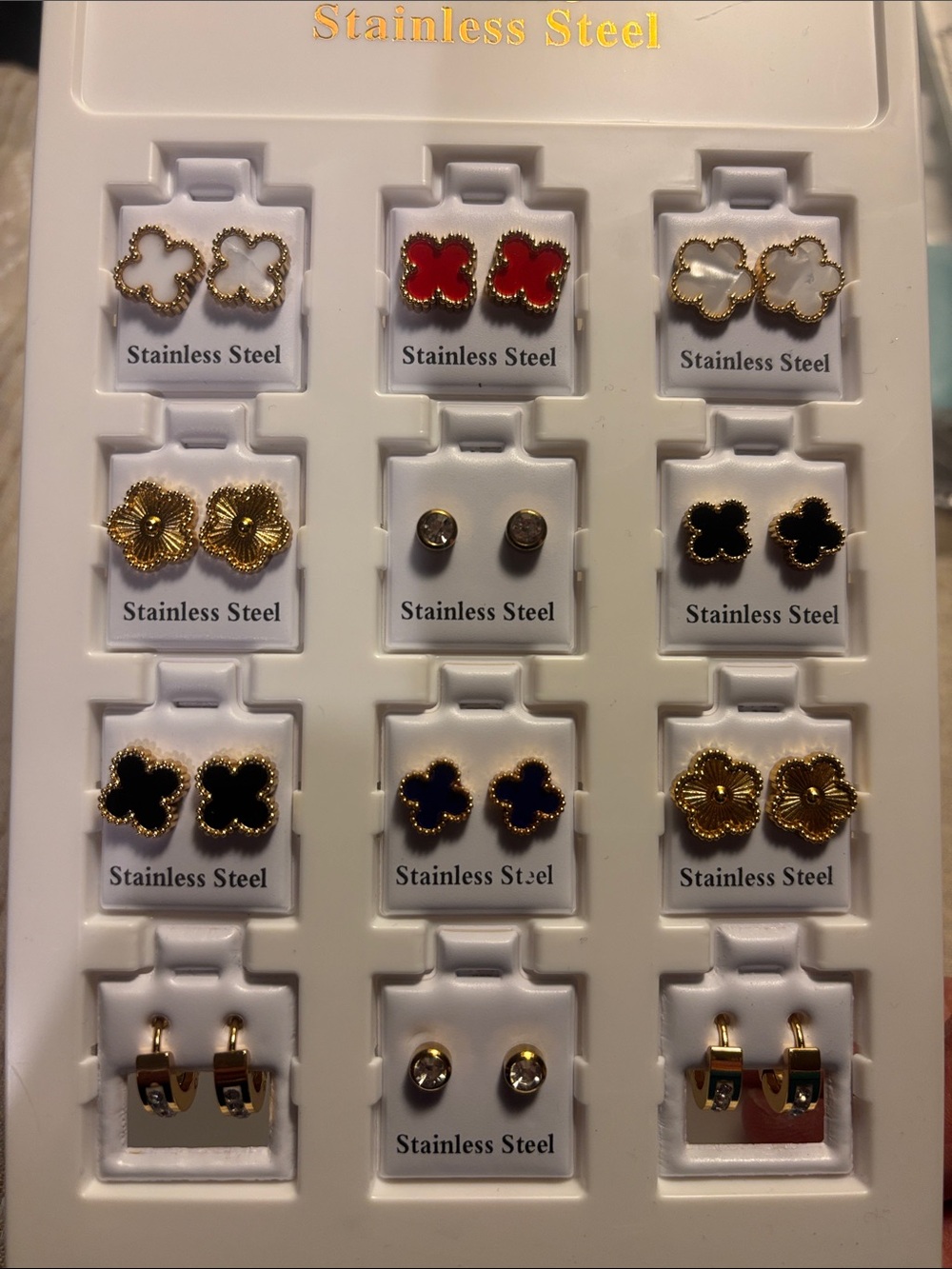 Gold Trim Black and Red Floral Stainless Steel Stud Earrings Set
